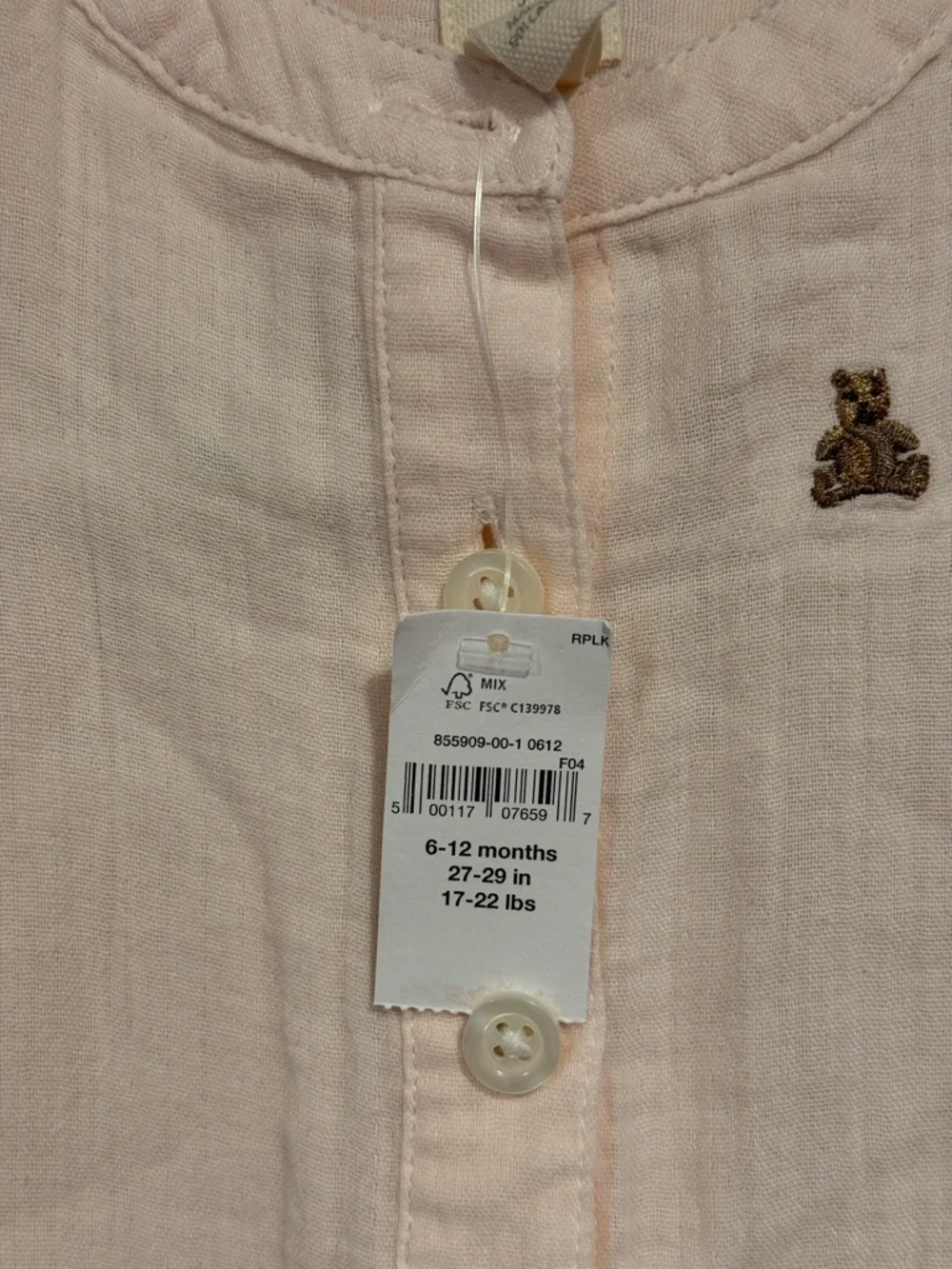 Gap Baby First Favorites Pink Crinkle Gauze Bear Pocket Baby Romper 6-12 Months